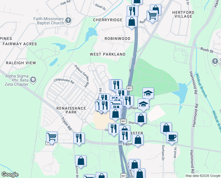 map of restaurants, bars, coffee shops, grocery stores, and more near 1120 Renewal Place in Raleigh