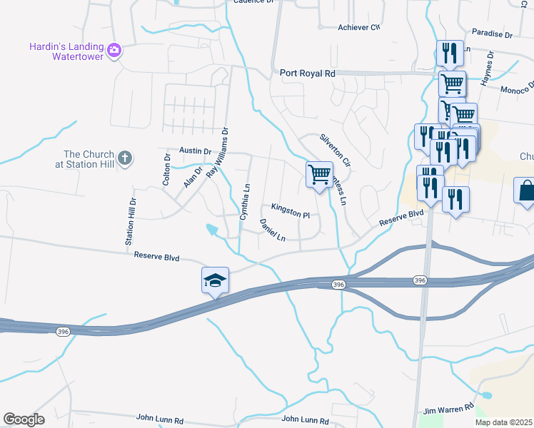 map of restaurants, bars, coffee shops, grocery stores, and more near 1023 Daniel Lane in Spring Hill