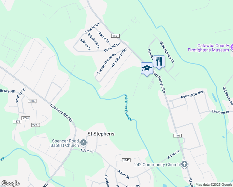map of restaurants, bars, coffee shops, grocery stores, and more near 3953 Section House Road in Hickory