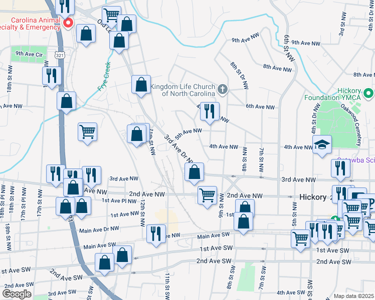 map of restaurants, bars, coffee shops, grocery stores, and more near 1048 3rd Avenue Drive Northwest in Hickory