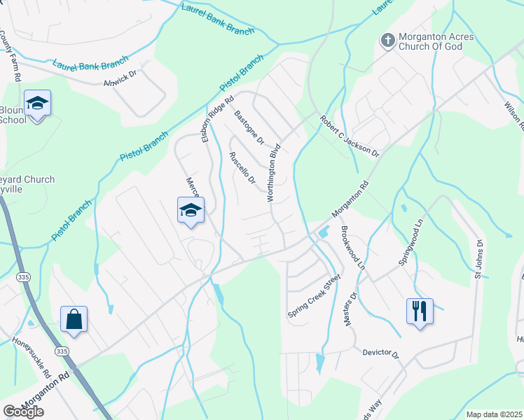 map of restaurants, bars, coffee shops, grocery stores, and more near 2425 Hallerins Court in Maryville
