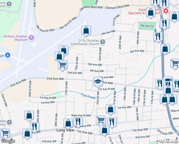 map of restaurants, bars, coffee shops, grocery stores, and more near 2347 4th Avenue Northwest in Hickory