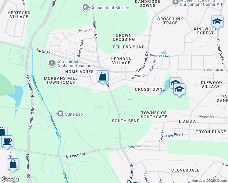 map of restaurants, bars, coffee shops, grocery stores, and more near 3115 Garner Road in Raleigh