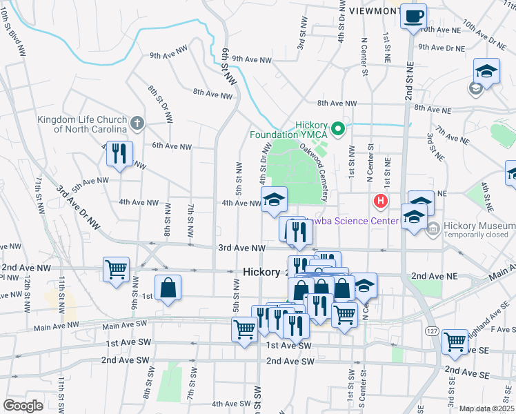map of restaurants, bars, coffee shops, grocery stores, and more near 417 4th Avenue Northwest in Hickory