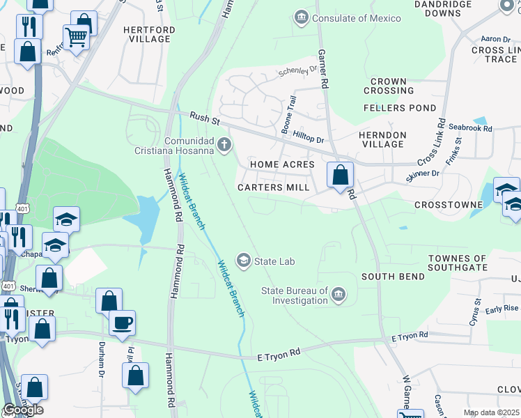 map of restaurants, bars, coffee shops, grocery stores, and more near Spline Circle in Raleigh