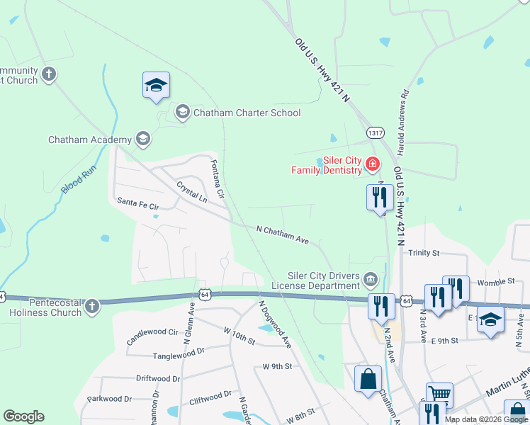 map of restaurants, bars, coffee shops, grocery stores, and more near 1807 Westmont Drive in Siler City
