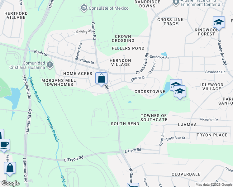 map of restaurants, bars, coffee shops, grocery stores, and more near 3115 Garner Road in Raleigh