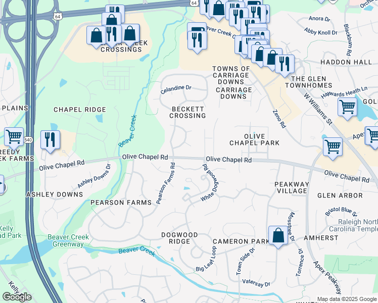 map of restaurants, bars, coffee shops, grocery stores, and more near 1203 Alderwood Court in Apex
