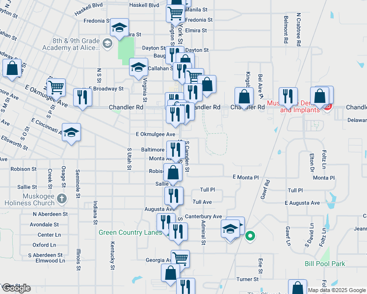 map of restaurants, bars, coffee shops, grocery stores, and more near 121 South Camden Street in Muskogee