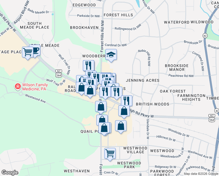 map of restaurants, bars, coffee shops, grocery stores, and more near 1700 Raleigh Road Parkway West in Wilson