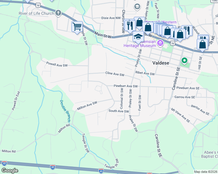 map of restaurants, bars, coffee shops, grocery stores, and more near 808 Orchard Street Southwest in Valdese