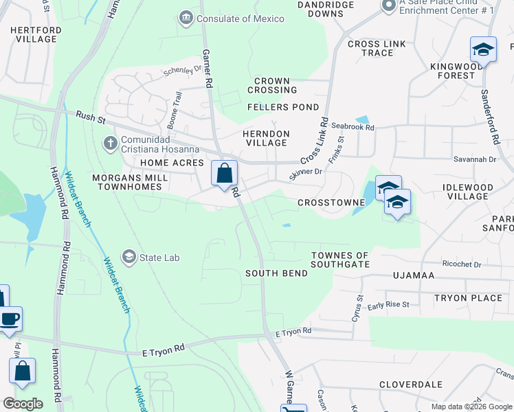 map of restaurants, bars, coffee shops, grocery stores, and more near 3115 Garner Road in Raleigh