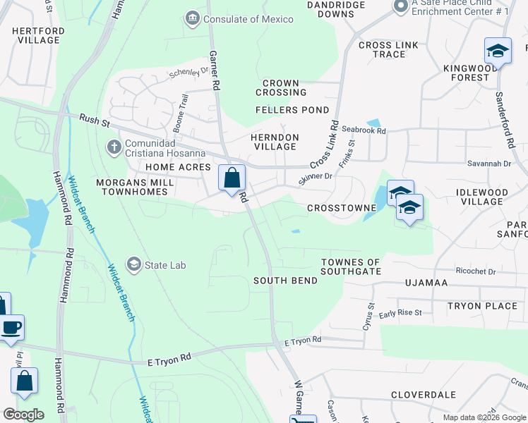 map of restaurants, bars, coffee shops, grocery stores, and more near 3115 Garner Road in Raleigh