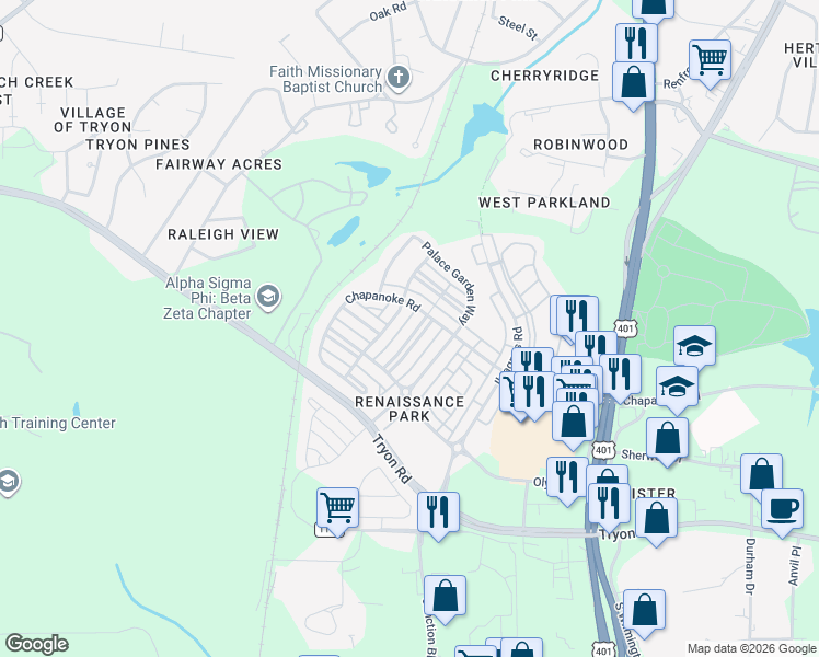 map of restaurants, bars, coffee shops, grocery stores, and more near 1324 Revolution Circle in Raleigh