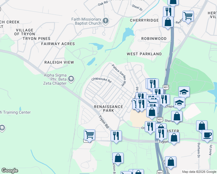 map of restaurants, bars, coffee shops, grocery stores, and more near 1324 Revolution Circle in Raleigh