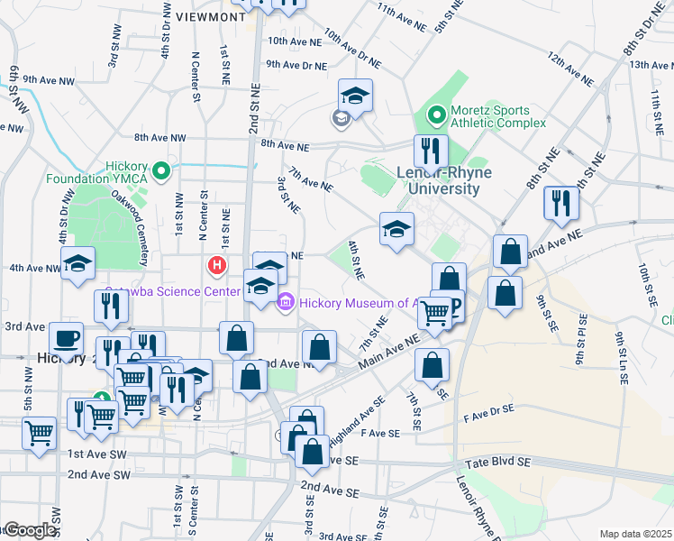 map of restaurants, bars, coffee shops, grocery stores, and more near 440 5th Avenue Northeast in Hickory