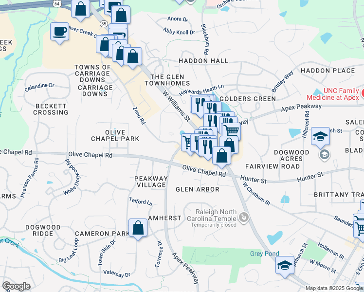 map of restaurants, bars, coffee shops, grocery stores, and more near 5400 Apex Peakway in Apex