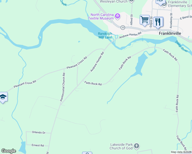 map of restaurants, bars, coffee shops, grocery stores, and more near 1061 Faith Rock Road in Franklinville