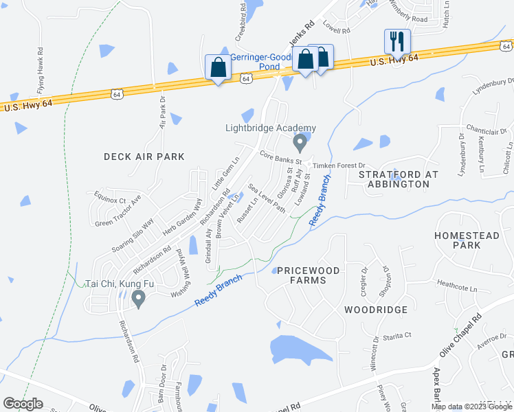map of restaurants, bars, coffee shops, grocery stores, and more near 1225 Russet Lane in Apex