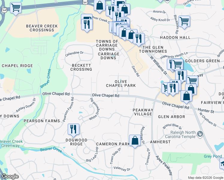 map of restaurants, bars, coffee shops, grocery stores, and more near 1014 Olive Chapel Road in Apex