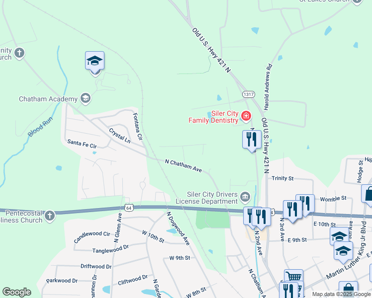 map of restaurants, bars, coffee shops, grocery stores, and more near 1717 Westmont Drive in Siler City