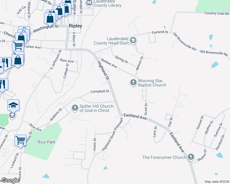 map of restaurants, bars, coffee shops, grocery stores, and more near 214 Highland Street in Ripley