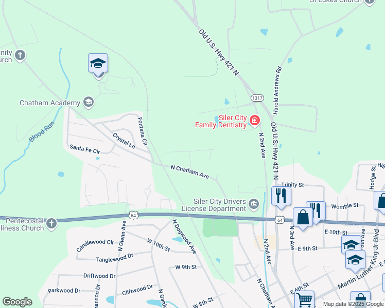 map of restaurants, bars, coffee shops, grocery stores, and more near 1717 Westmont Drive in Siler City