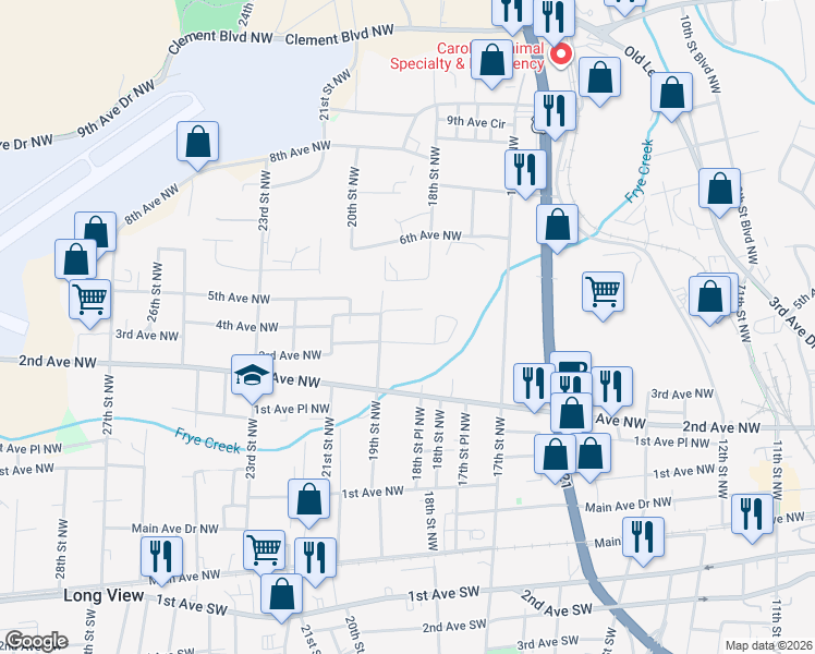 map of restaurants, bars, coffee shops, grocery stores, and more near 330 19th Street Northwest in Hickory