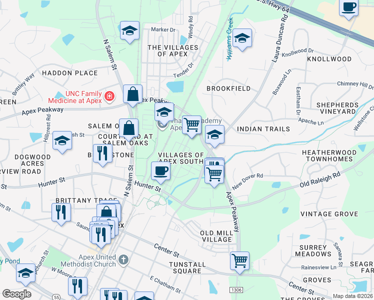 map of restaurants, bars, coffee shops, grocery stores, and more near 612 Grand Central Station in Apex
