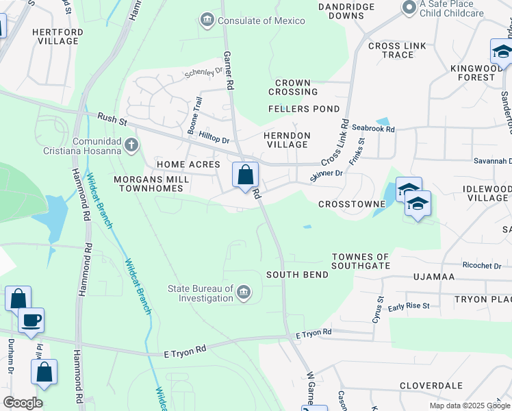 map of restaurants, bars, coffee shops, grocery stores, and more near 3130 Garner Road in Raleigh