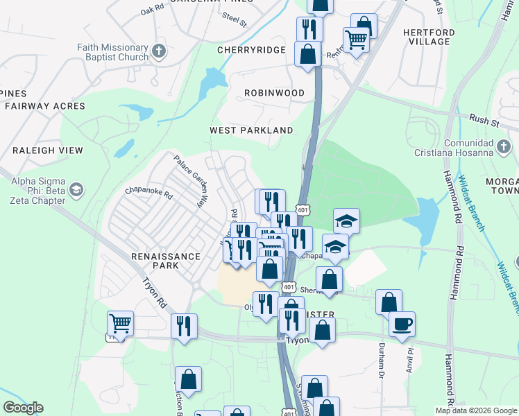 map of restaurants, bars, coffee shops, grocery stores, and more near 1120 Renewal Place in Raleigh