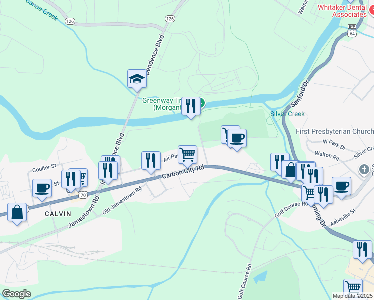 map of restaurants, bars, coffee shops, grocery stores, and more near 110 Air Park Drive in Morganton