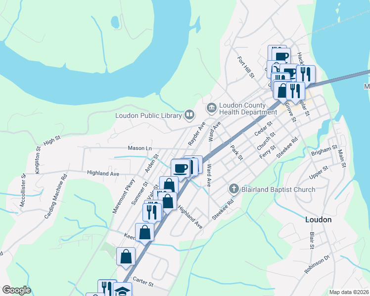 map of restaurants, bars, coffee shops, grocery stores, and more near 802 Commerce Street in Loudon