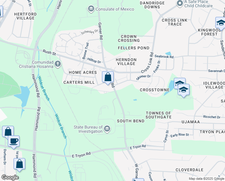map of restaurants, bars, coffee shops, grocery stores, and more near 3124 Garner Road in Raleigh