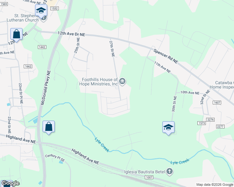 map of restaurants, bars, coffee shops, grocery stores, and more near 1005 27th Street Northeast in Hickory