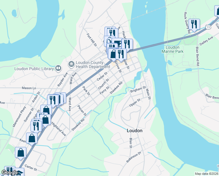 map of restaurants, bars, coffee shops, grocery stores, and more near 601 Ferry Street in Loudon