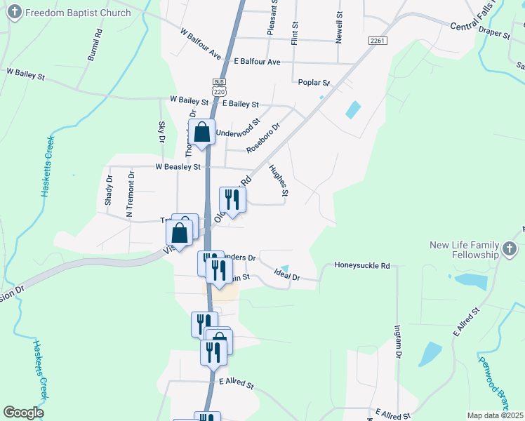 map of restaurants, bars, coffee shops, grocery stores, and more near 222 Hughes Street in Asheboro