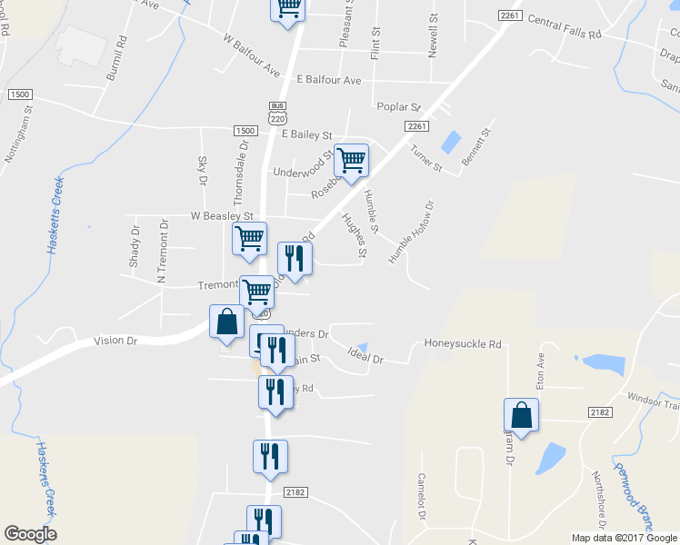 map of restaurants, bars, coffee shops, grocery stores, and more near 226 Hughes Street in Asheboro