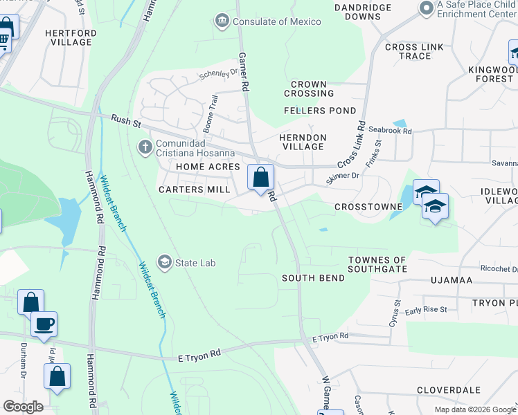 map of restaurants, bars, coffee shops, grocery stores, and more near 3130 Garner Road in Raleigh