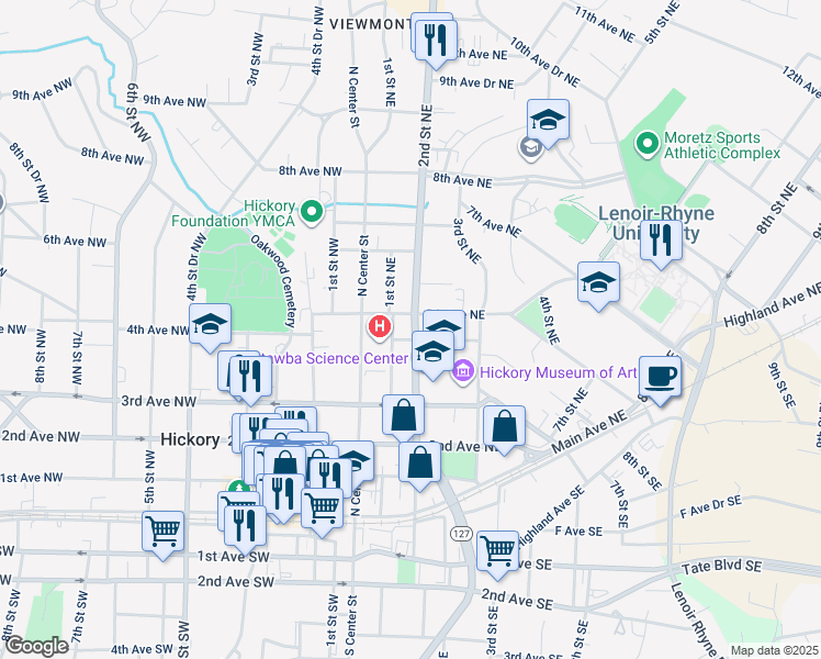 map of restaurants, bars, coffee shops, grocery stores, and more near 121 4th Avenue Northeast in Hickory