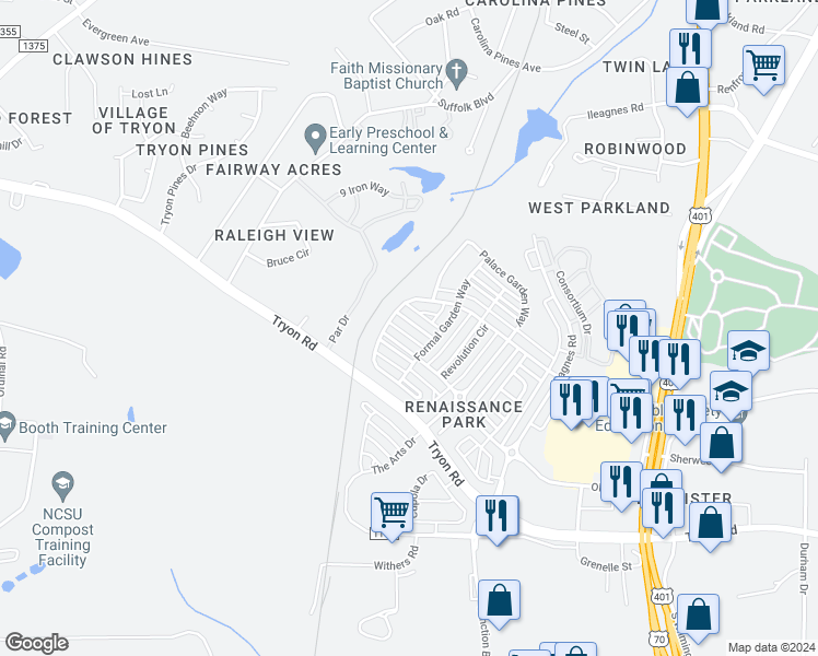 map of restaurants, bars, coffee shops, grocery stores, and more near 831 Historian Street in Raleigh