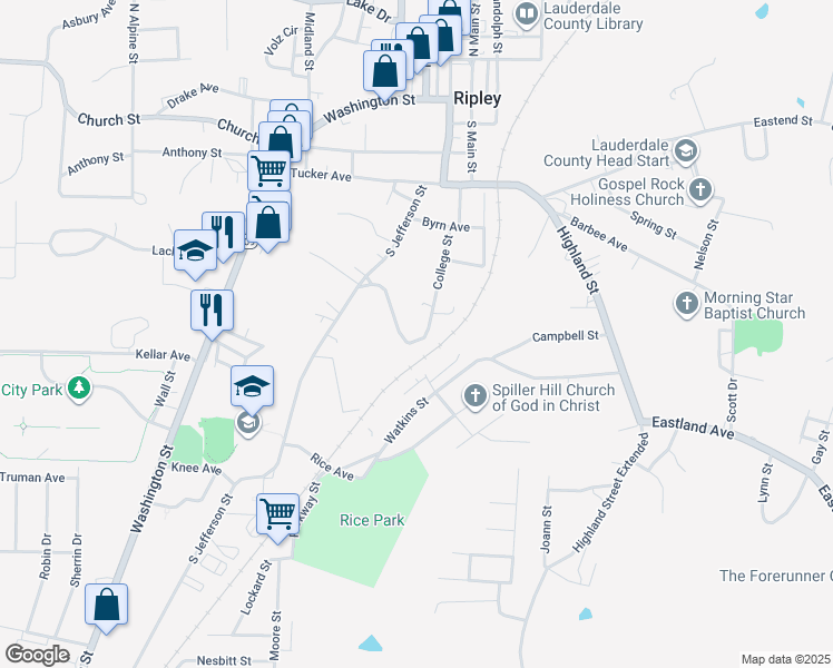 map of restaurants, bars, coffee shops, grocery stores, and more near 215 College Street in Ripley