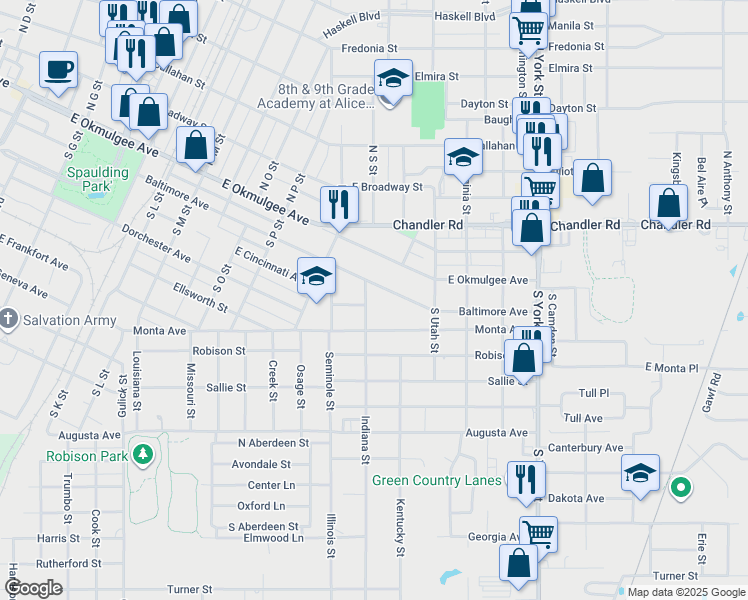 map of restaurants, bars, coffee shops, grocery stores, and more near 1801 Baltimore Avenue in Muskogee