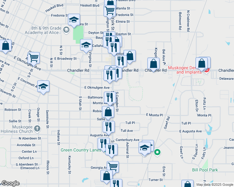 map of restaurants, bars, coffee shops, grocery stores, and more near 121 South Camden Street in Muskogee