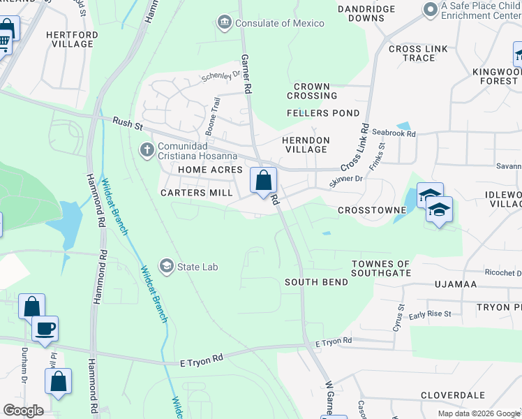 map of restaurants, bars, coffee shops, grocery stores, and more near 3130 Garner Road in Raleigh
