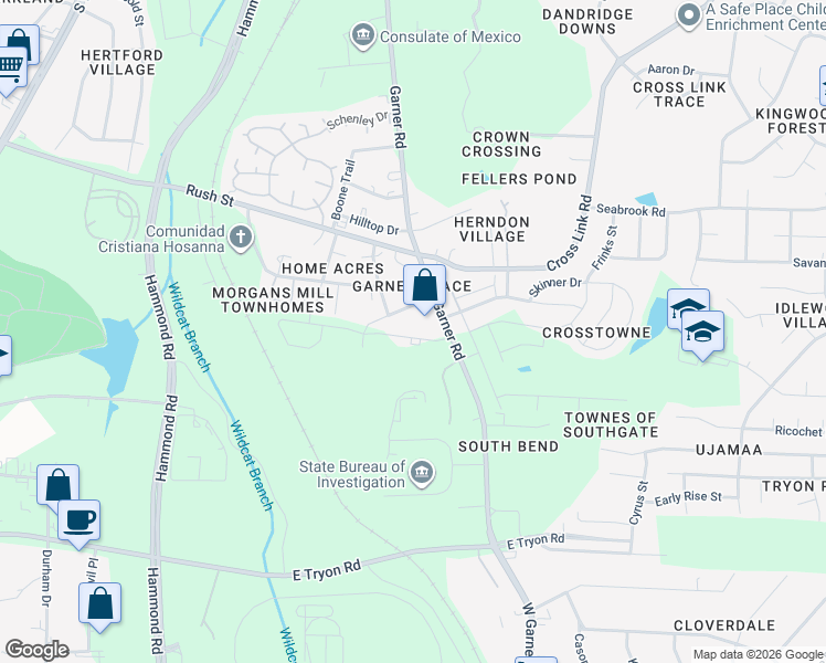 map of restaurants, bars, coffee shops, grocery stores, and more near 3130 Garner Road in Raleigh
