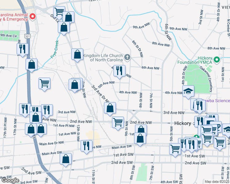 map of restaurants, bars, coffee shops, grocery stores, and more near 1099 4th Avenue Northwest in Hickory