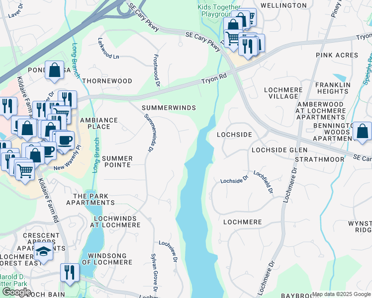 map of restaurants, bars, coffee shops, grocery stores, and more near 205 East Green Forest Drive in Cary