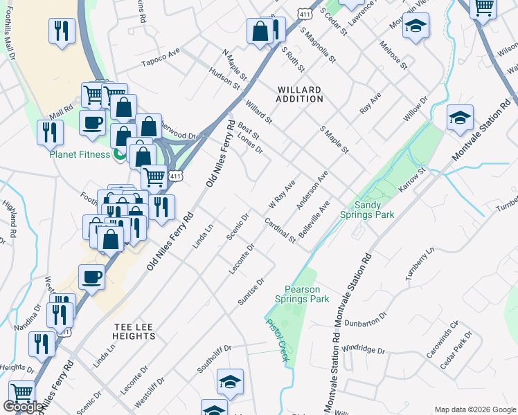 map of restaurants, bars, coffee shops, grocery stores, and more near 310 Cardinal Street in Maryville