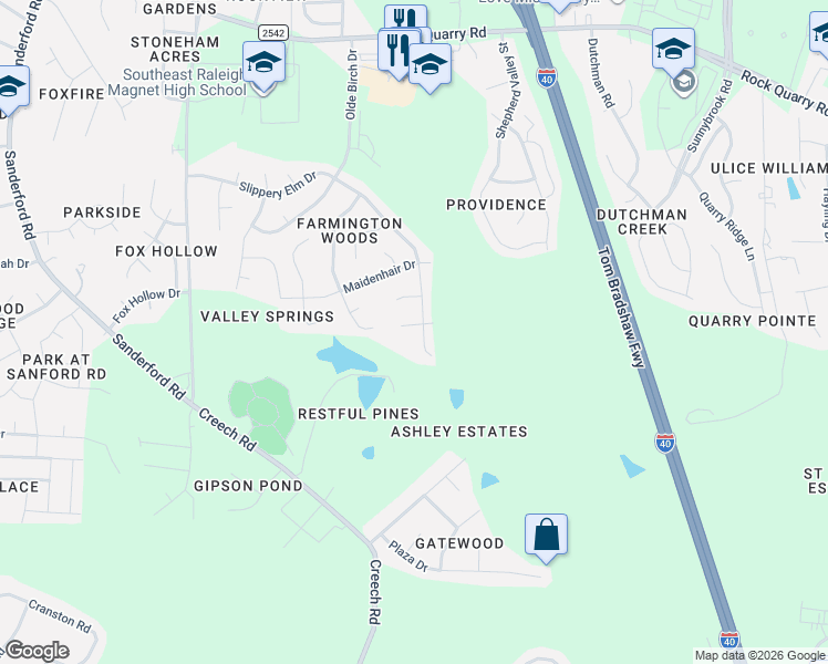 map of restaurants, bars, coffee shops, grocery stores, and more near 3004 Colson Drive in Garner